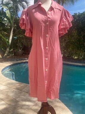 Pink Button-Front Midi Dress with Ruffled Short Sleeves
